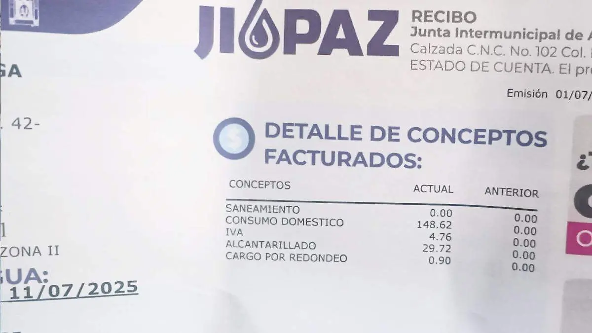 Recibo de cobro servicio de agua potable