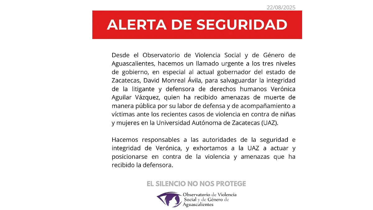 Alerta de seguridad Observatorio de Violencia Social y de Género de Aguascalientes