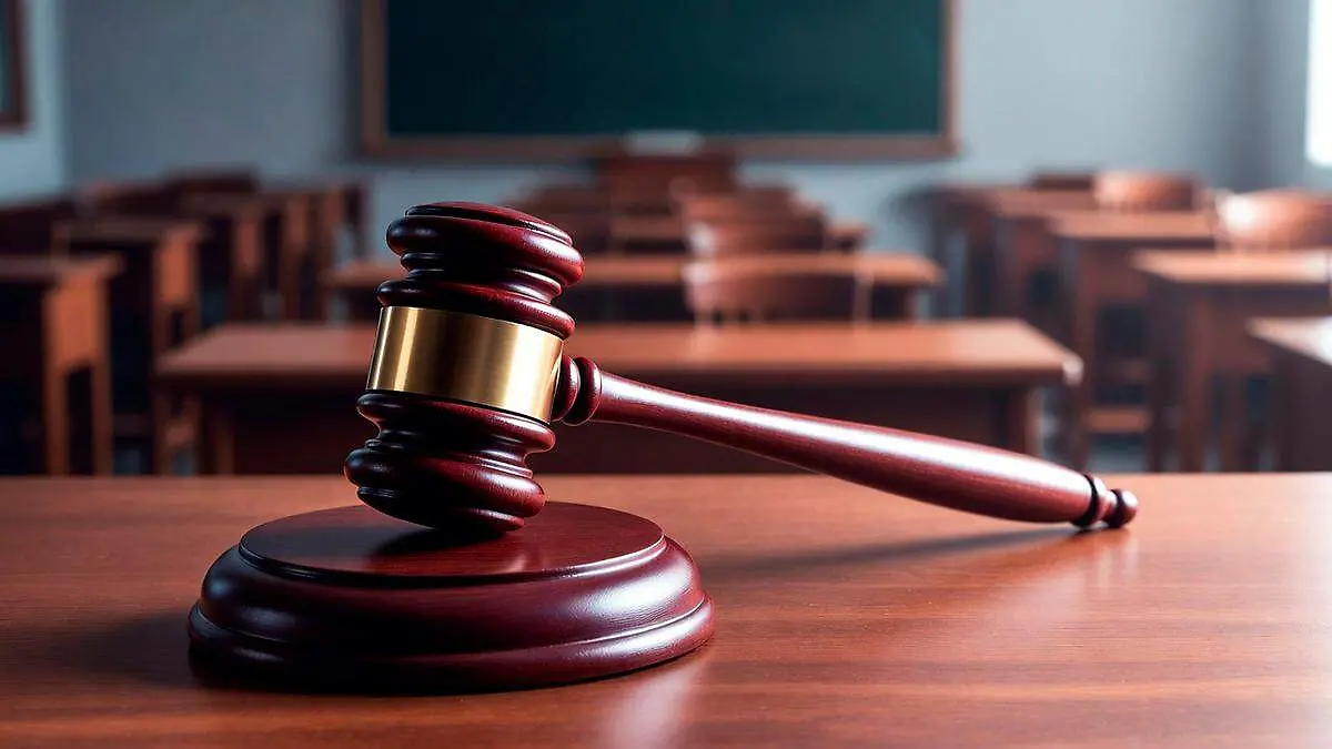 Imagen ilustrativa mazo de juez y salón de clases