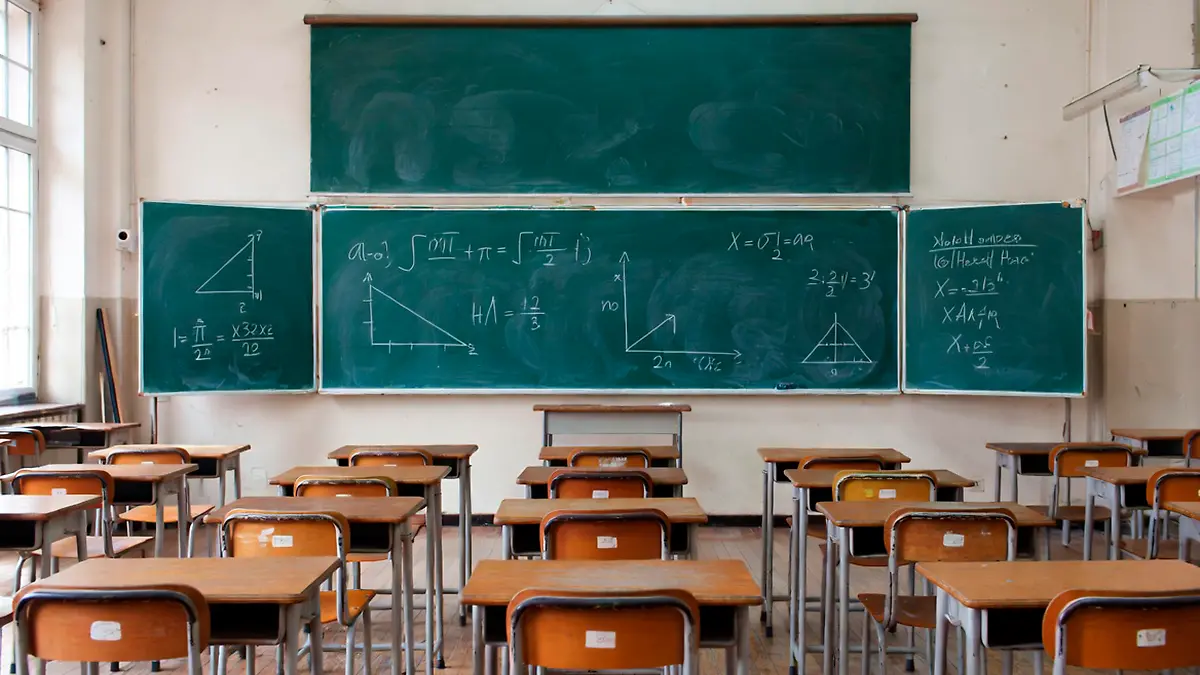 Imagen ilustrativa de un salón de clases con un pizarrón con operaciones matemáticas