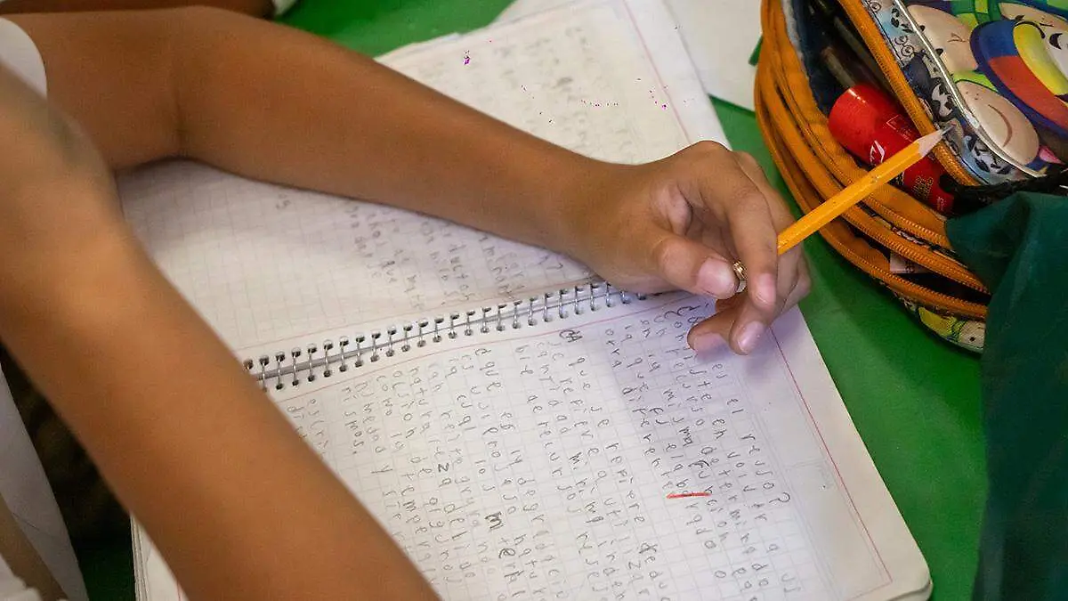 Estudiante lee escribe en cuaderno en la escuela