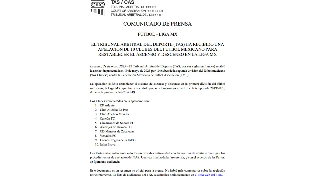 El TAS confirma demanda a FMF