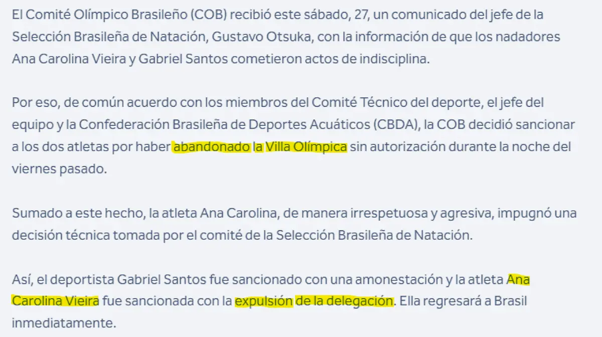 Sancion Comite Brasileno Ana Carolina Vieira