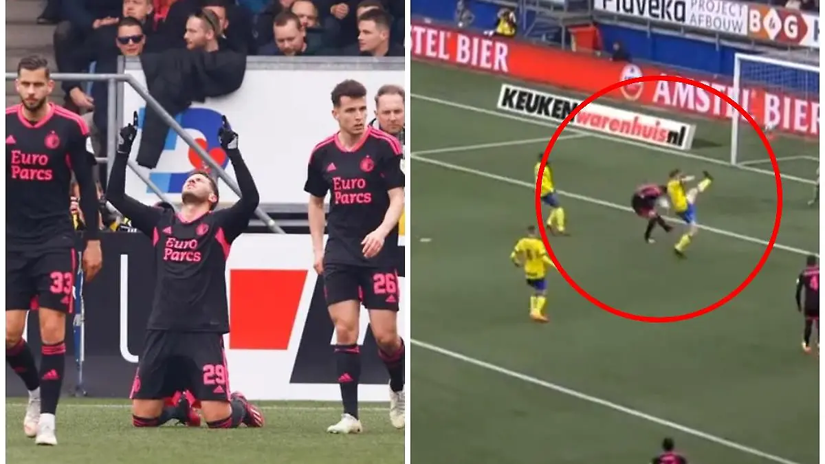 ¡A lo Chicharito! El 'chusco' remate de Santiago Giménez para su gol 19 en la temporada. | Foto: Capturas