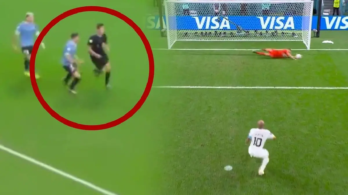 Federico Valverde le festejó en la cara al arbitro la atajada de Rochet. | Foto: Captura