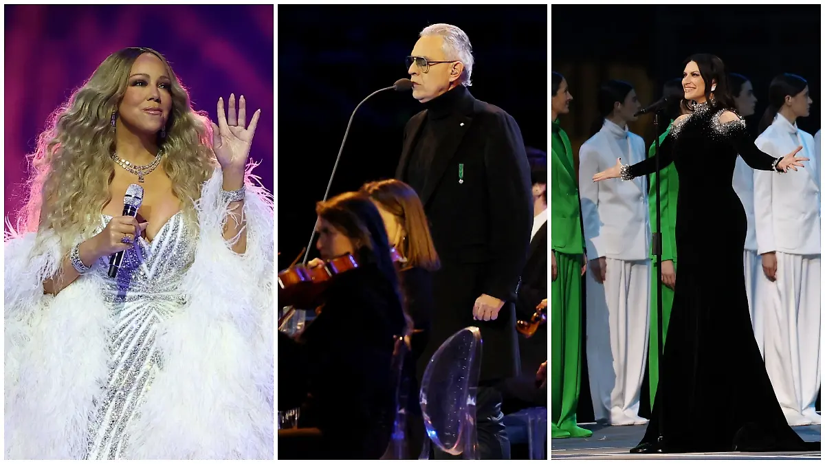 Andrea Bocelli, Mariah Carey y Laura Pausini en la inauguración de los Juegos Olímpicos de Invierno