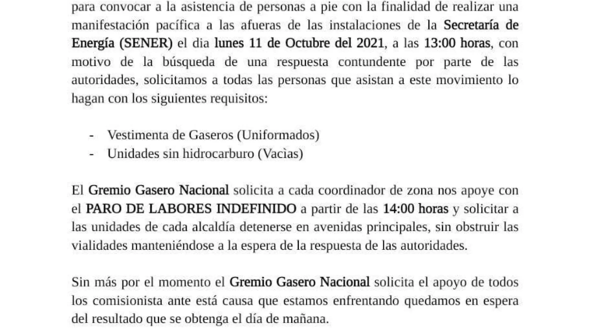 Convoca gremio gasero a manifestación y paro indefinido 