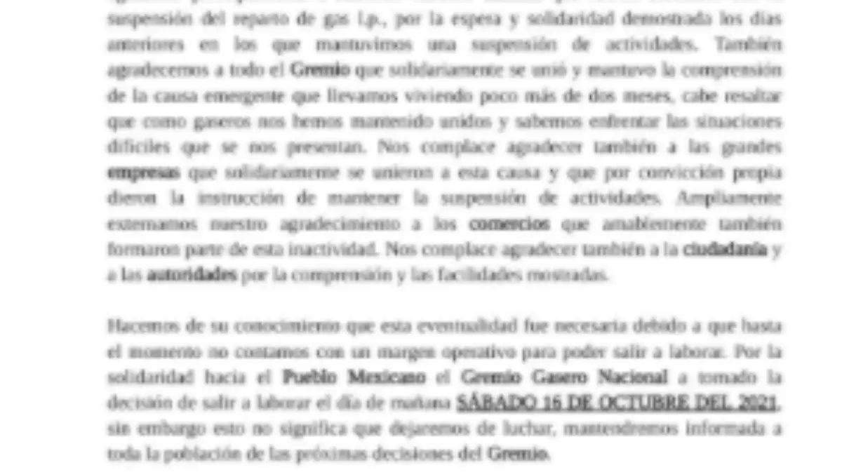 Comunicado Gremio de Gaseros