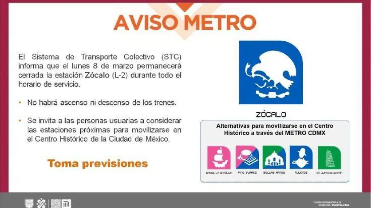 Anuncia STC cierre temporal de la estación Zócalo este 8 de marzo