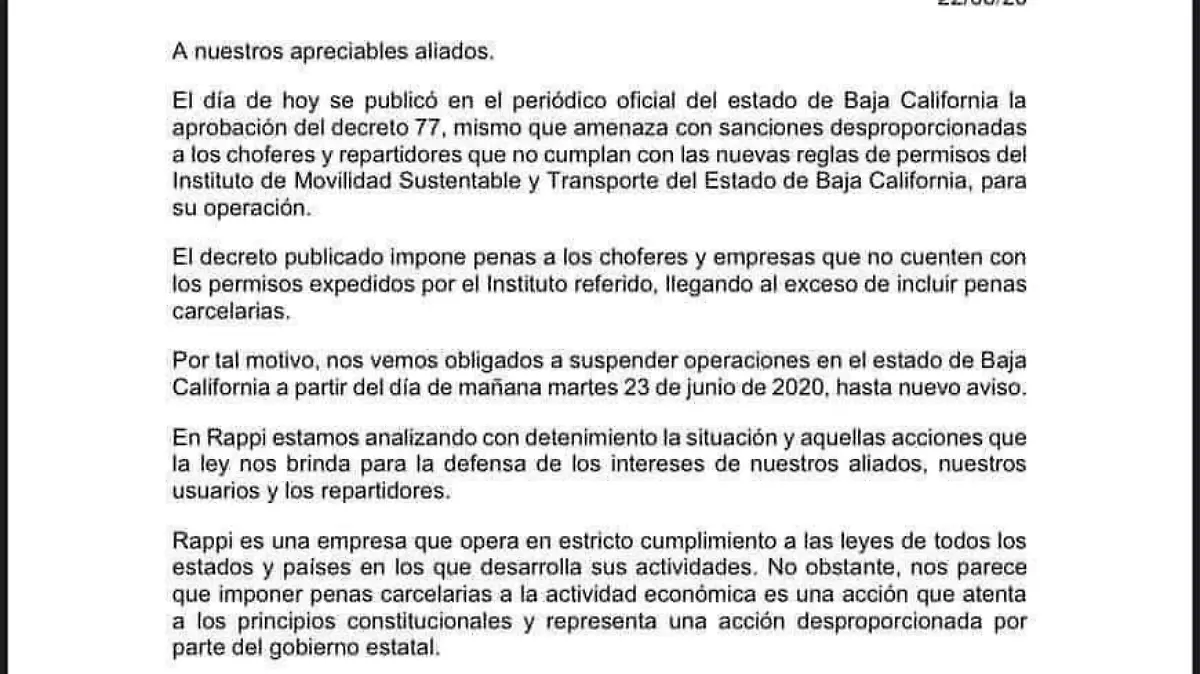 "Rappi" para operaciones en Baja California