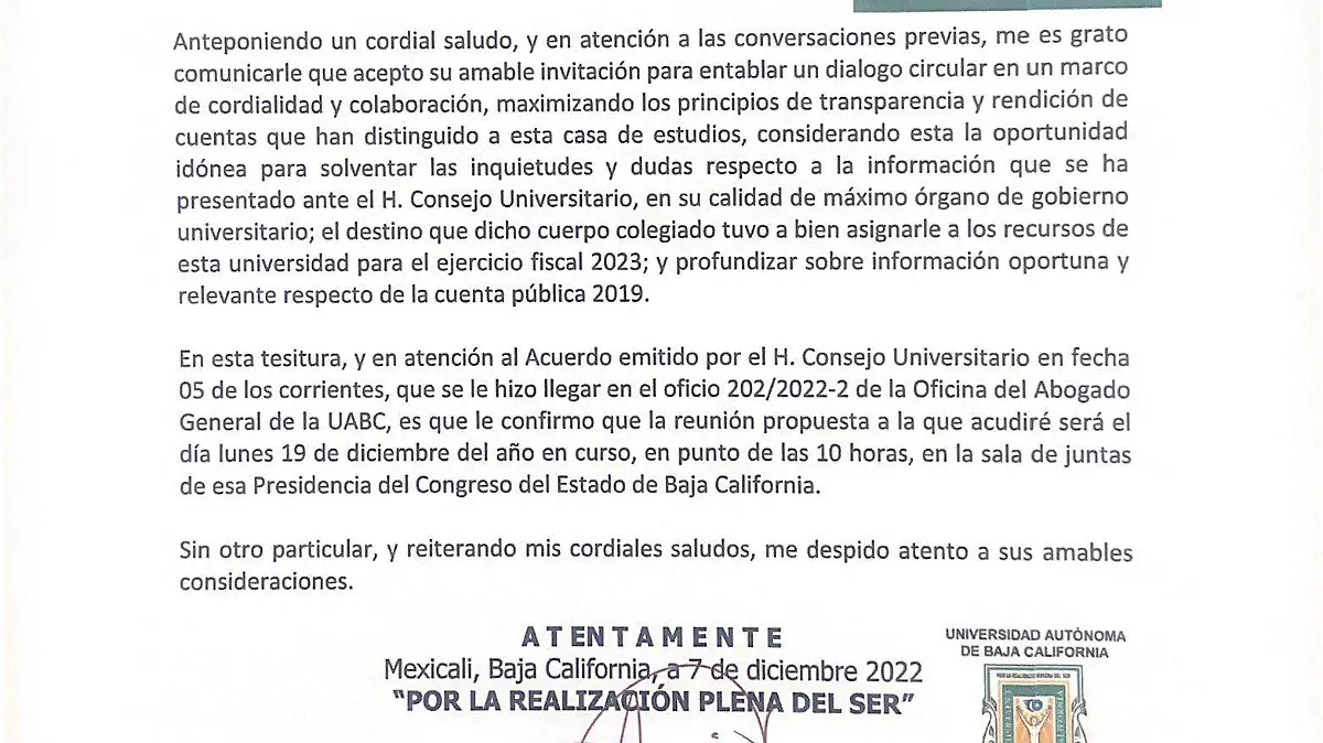 Acepta Rector de UABC reunión con diputados 