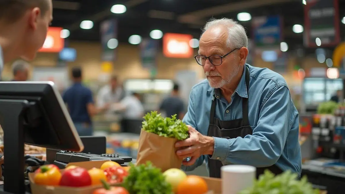 En promedio, un adulto mayor que trabaja como empacador en una tienda de autoservicio gana 200 pesos al día