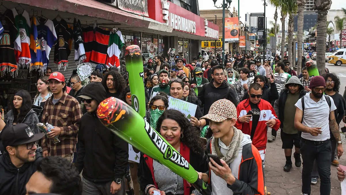 Con pancartas y humo, activistas recorren la avenida Revolución en apoyo al uso legal de la cannabis