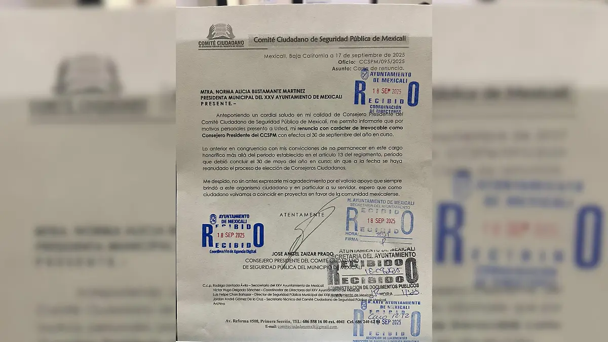 Confirma Záizar su renuncia en la presidencia de Comité Ciudadano de Seguridad Pública de Mexicali