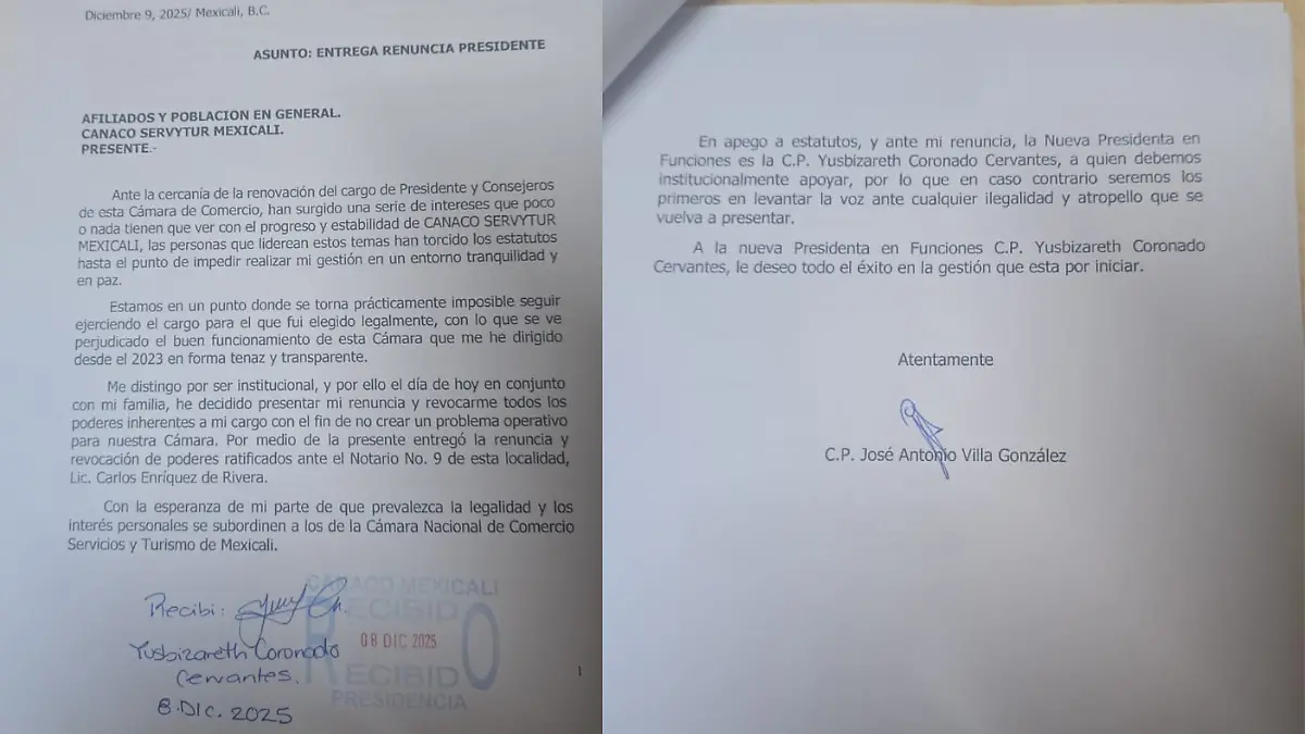 Renuncia presidente de CANACO Mexicali