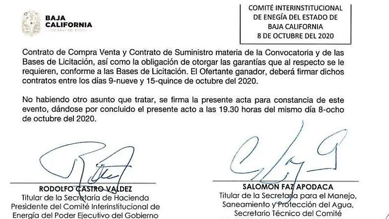 fallo de la licitación en favor de Next Energy de México, S.A. de C.V.